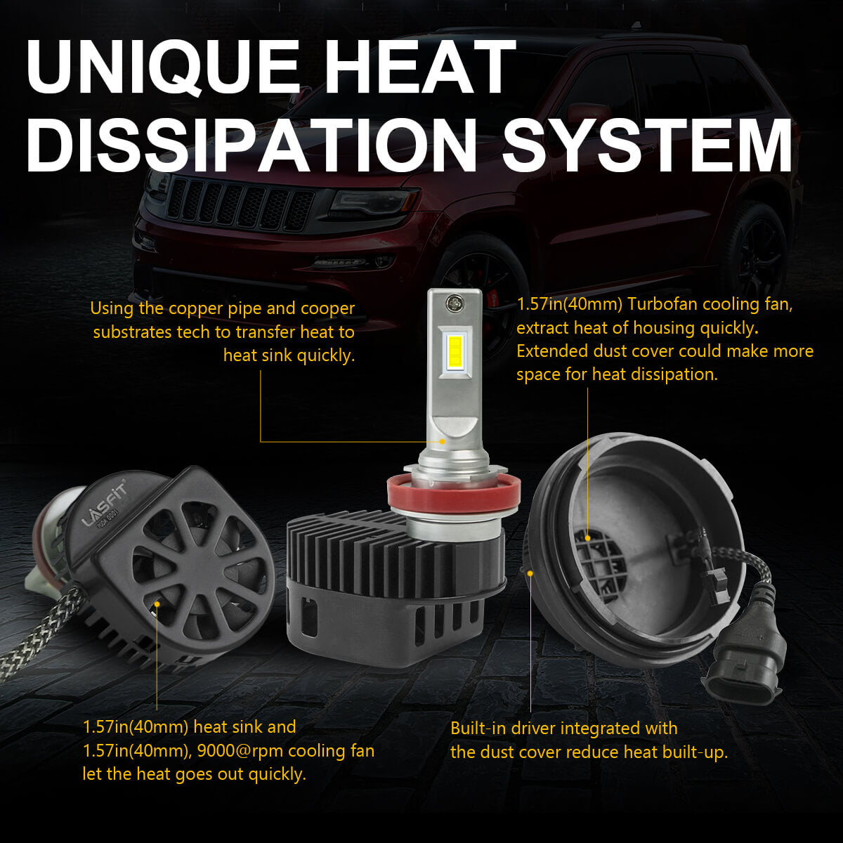 custom-made H11 led low beam bulbs unique heat dissipation system