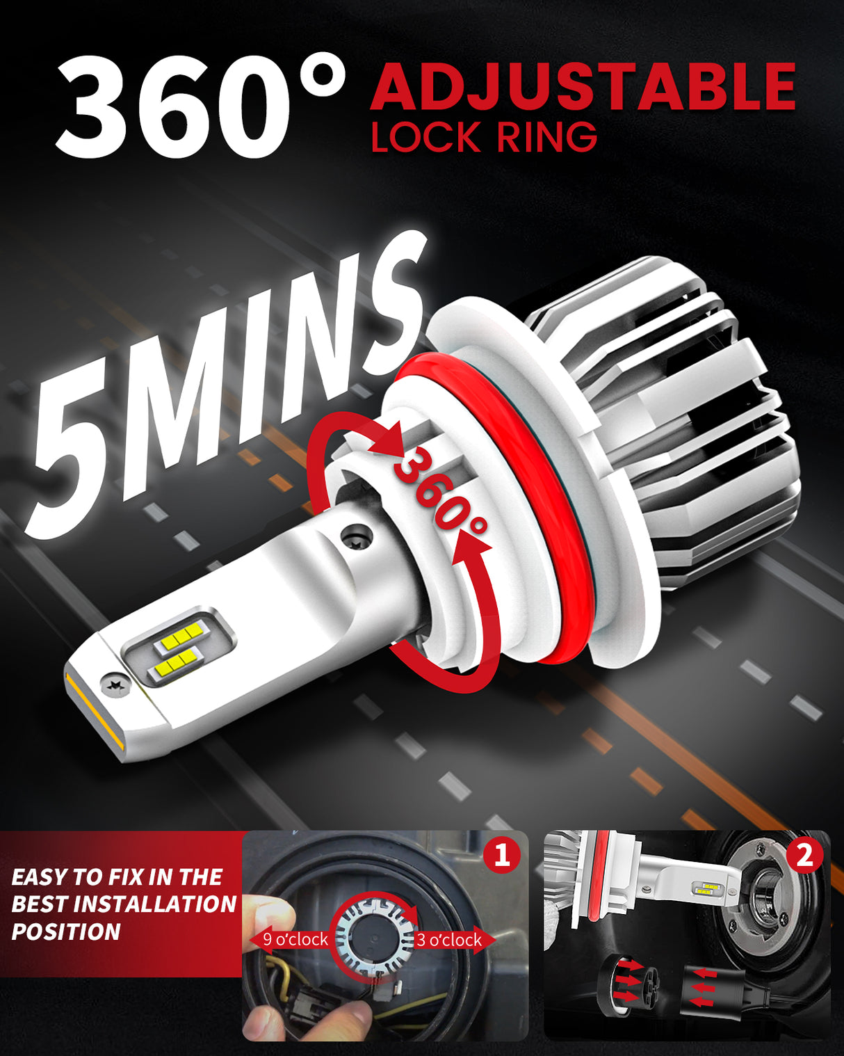 4.Lasfit LCplus 9004 LED Bulbs 360 degree adjustable lock ring