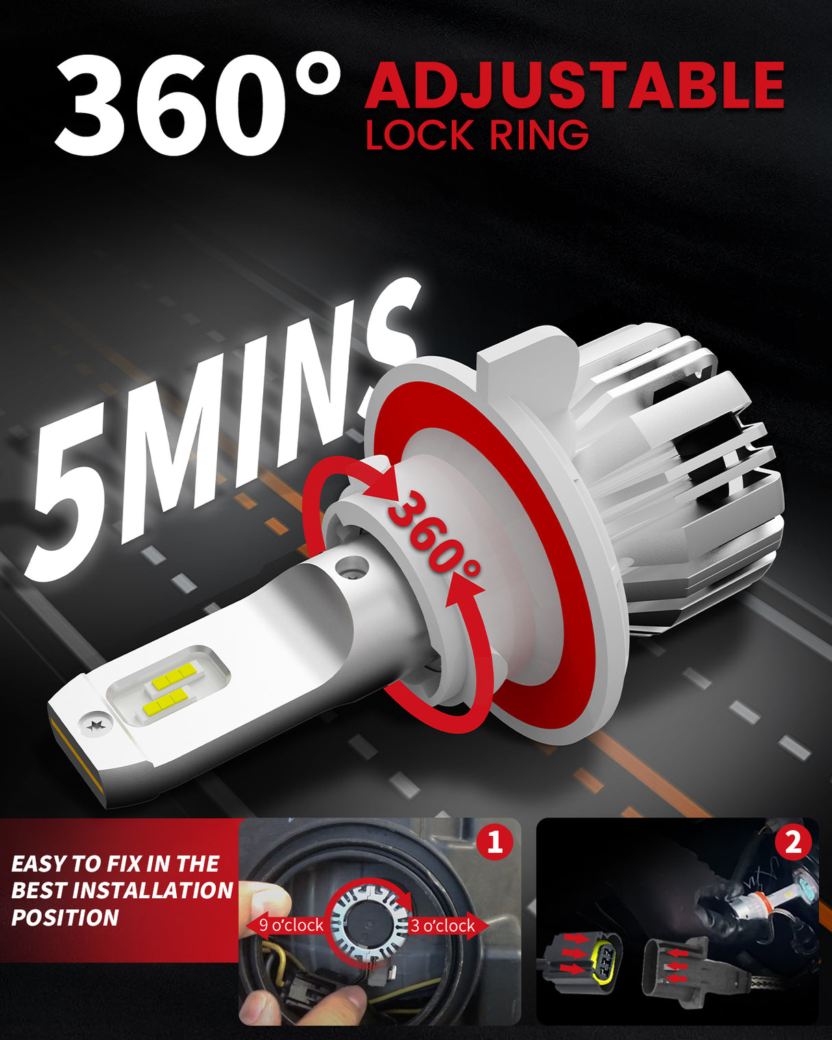 4.Lasfit LCplus H13 LED Bulbs 360 degree adjustable lock ring