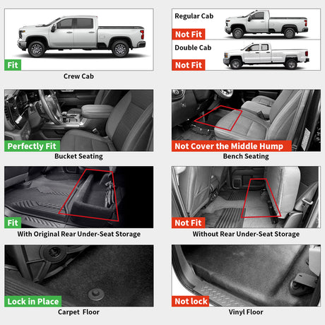 Fit for 2019-2025 Chevrolet Silverado 1500 Crew Cab Custom Floor Mats, with Factory Carpeted Storage