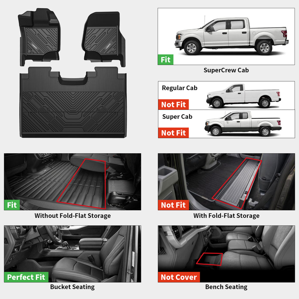 Fit for Ford F-150 2015-2024 and 22-24 Lightning Models All-Weather Floor Mats | for Carpeted Floor and With Front Bucket Seats Only