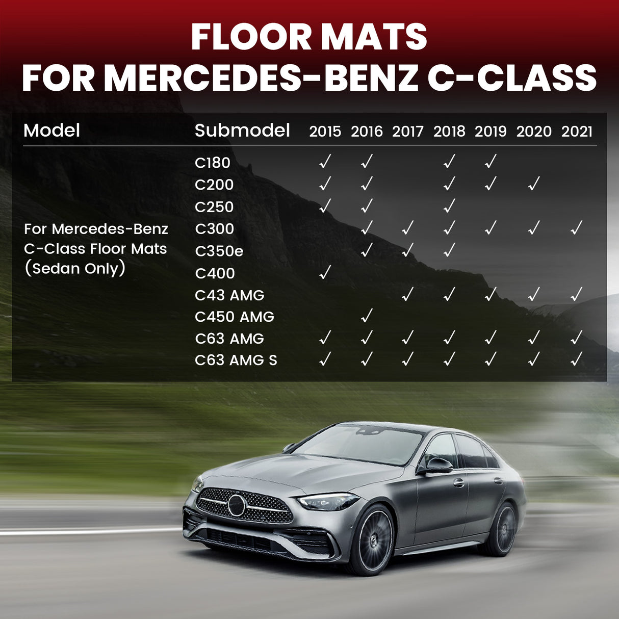 Fit for 2015-2021 Mercedes-Benz C-Class Floor Mats, Fit Sedan ONLY