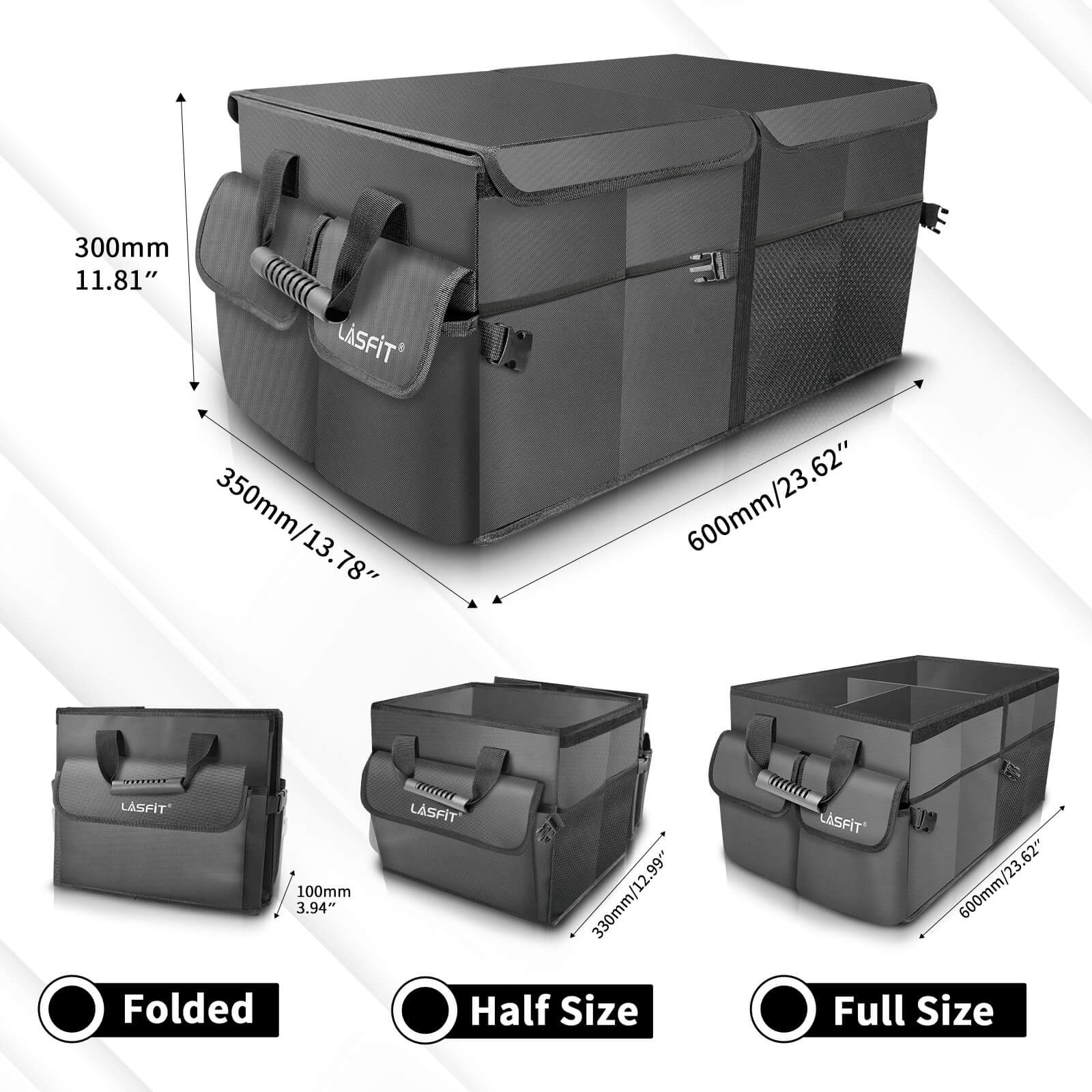 Lasfit Trunk Organizer Car/SUV Cargo Storage Box for Groceries | Non-Slip Bottom, Foldable Cover, Black