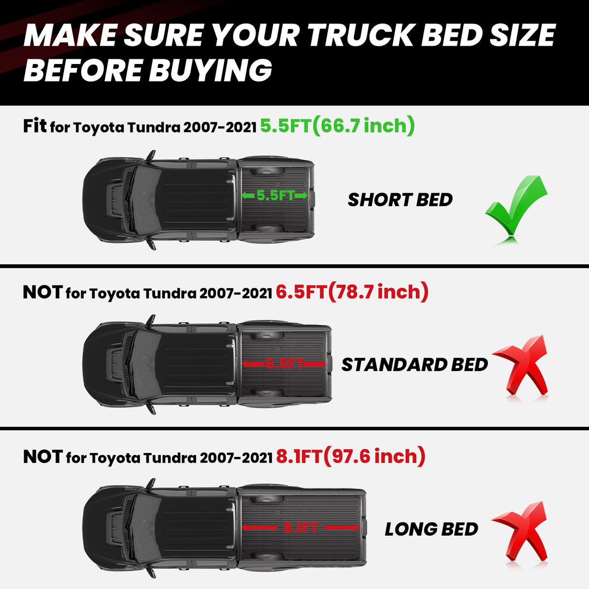 Fit for Toyota Tundra 2007-2021 Short Box 5' 6" Heavy Duty Truck Bed Mats Fitment Sheet