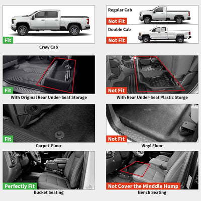 Fit for 2019-2024 Chevrolet Silverado 1500 Crew Cab Custom Floor Mats, with Bucket Seating & Factory Carpeted Storage