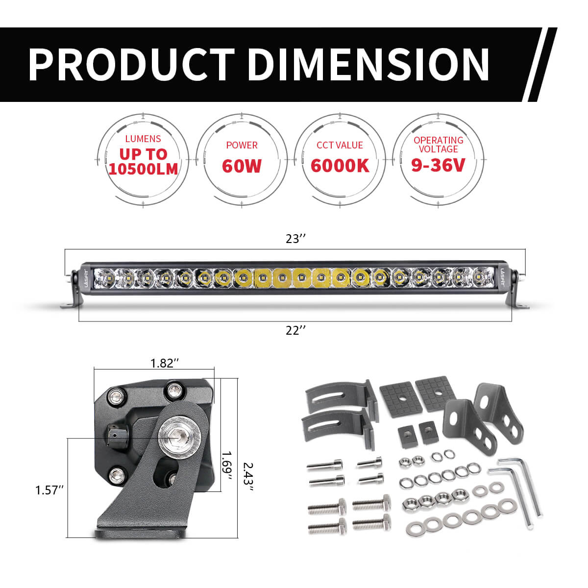 LASFIT Off-Road LED Light Bars 12 22 32 42 52 Inch Spot Flood Combo Single Row - White