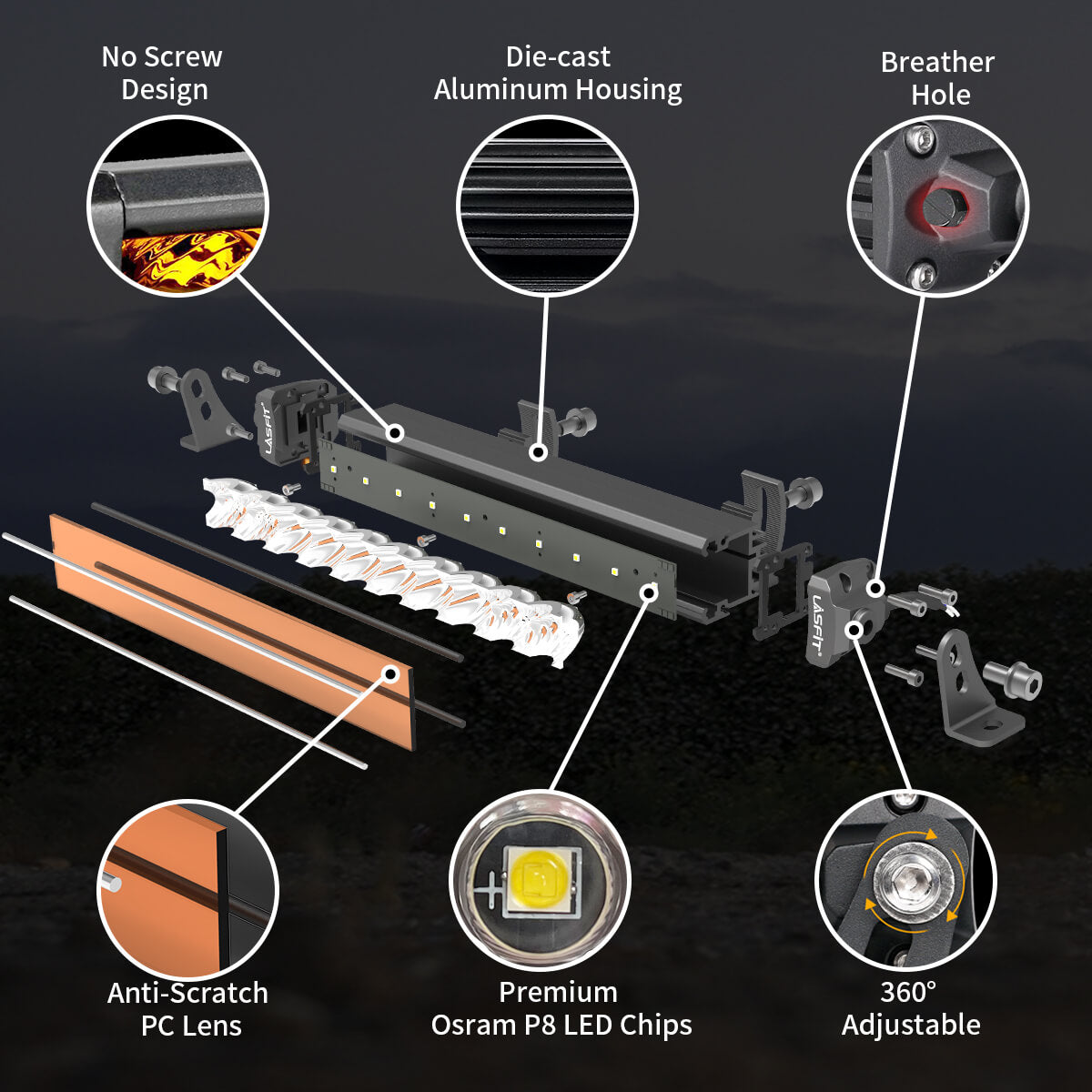 Lasfit 12" Off-Road LED Amber Light Bar With Slim Single Row Combo Flood Spot Design | Bumper Grille Mount